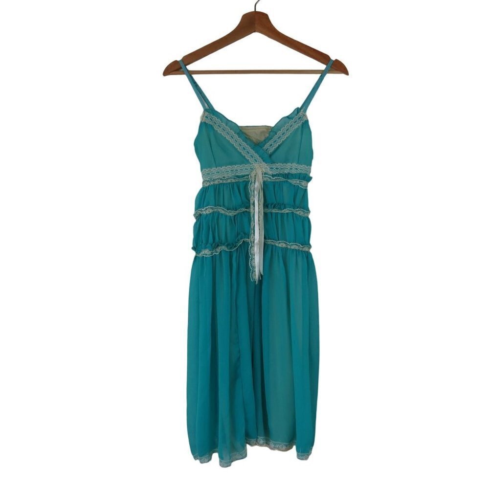 VINTAGE 70s 80s Women's Teal Blue Nighty Cream Lace Trim Nightgown